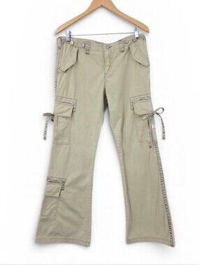 Unionbay Vintage Y2K Flared Cargo Pants in Khaki Satin Trim Grunge Streetwear